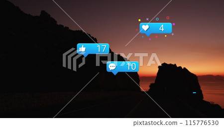 Image of social media icons over sunset and sea landscape Image of social media icons over sunset and sea landscape 115776530