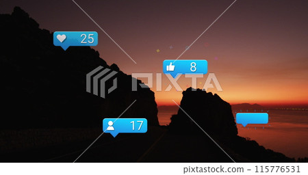 Image of social media icons over sunset and sea landscape Image of social media icons over sunset and sea landscape 115776531