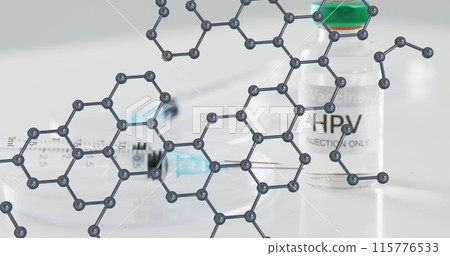 Molecular structure model over syringe and hpv vaccine vial Molecular structure model over syringe and hpv vaccine vial 115776533