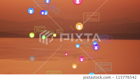 Image of social media icons over sunset and sea landscape 115776542