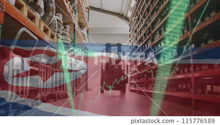 Image of green arrows and flag of north korea over warehouse 115776589