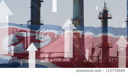 Image of white arrows and flag of north korea over factory Image of white arrows and flag of north korea over factory 115776609