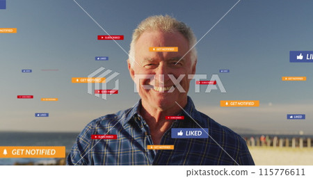 Image of social media text and icons over caucasian man on beach Image of social media text and icons over caucasian man on beach 115776611