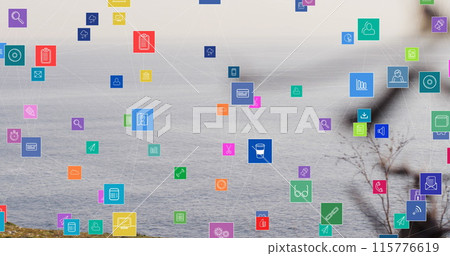 Image of social media icons over shore and sea landscape Image of social media icons over shore and sea landscape 115776619