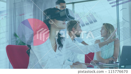 Image of financial data processing over diverse business people in office Image of financial data processing over diverse business people in office 115776670