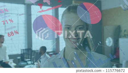 Image of financial data processing over caucasian businesswoman in office Image of financial data processing over caucasian businesswoman in office 115776672