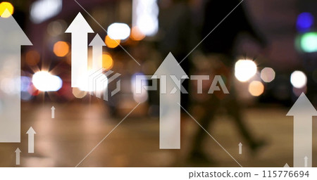 Image of up arrows over blurred vehicles stopped on signal and diverse people crossing street Image of up arrows over blurred vehicles stopped on signal and diverse people crossing street 115776694