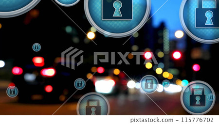 Image of padlock in circles over blurred vehicles moving on street against modern buildings 115776702