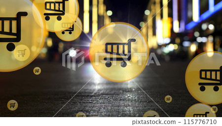 Image of shopping cart icons over low angle view of car moving on street in city 115776710