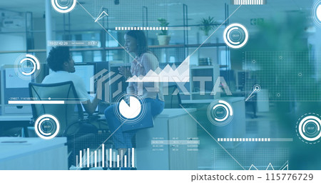 Image of graphs, loading bars and circles over diverse coworkers sharing ideas on desk 115776729