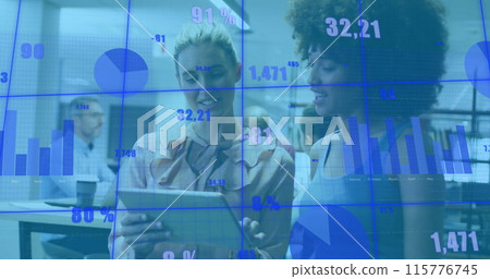 Image of changing numbers, graphs, diverse female coworkers discussing reports on digital tablet Image of changing numbers, graphs, diverse female coworkers discussing reports on digital tablet 115776745