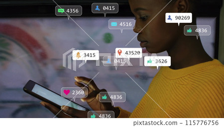 Image of notification bars over african american girl scrolling on digital tablet in bus Image of notification bars over african american girl scrolling on digital tablet in bus 115776756