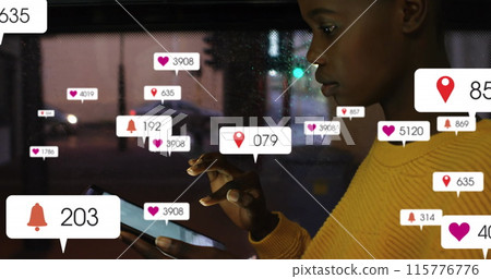 Image of notification bars over african american girl scrolling on digital tablet in bus 115776776