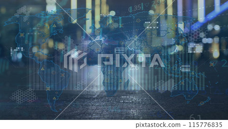 Image of data processing and world map over cars on street Image of data processing and world map over cars on street 115776835