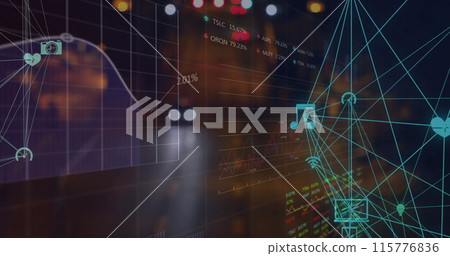 Image of data processing and network of connections with icons over cars on street Image of data processing and network of connections with icons over cars on street 115776836