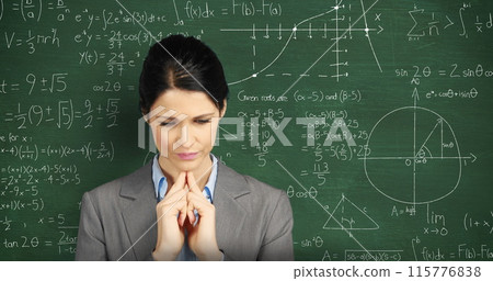 Image of a young concentrating Caucasian woman in front of a green chalkboard with moving mathematic Image of a young concentrating Caucasian woman in front of a green chalkboard with moving mathematic 115776838