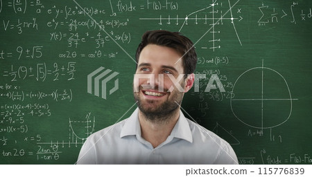 Image of smiling Caucasian man looking up in front of chalkboard with moving mathematical graphs and Image of smiling Caucasian man looking up in front of chalkboard with moving mathematical graphs and 115776839