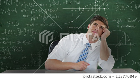 Image of Caucasian man seen waist up sitting and looking up thinking, in front of chalkboard with mo Image of Caucasian man seen waist up sitting and looking up thinking, in front of chalkboard with mo 115776849