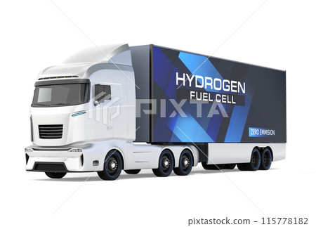 Image of a silver FCV truck on a white background. Fuel cell electric truck concept. Image of a silver FCV truck on a white background. Fuel cell electric truck concept. 115778182