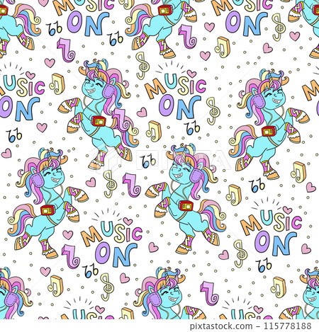 Seamless music unicorns pattern on a white background 115778188