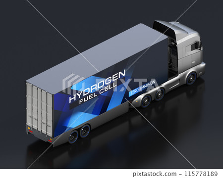 Isometric image of a silver colored FCV truck on a black background. Concept of a fuel cell electric truck. 115778189