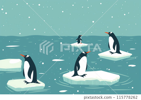 南極洲海岸的平面設計插圖，幾隻帝企鵝在小浮冰上被沖走 115778262