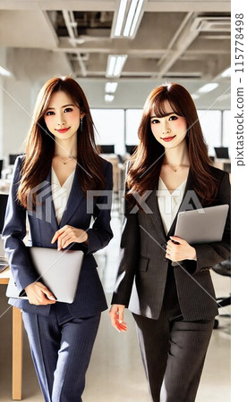 Two beautiful women in suits are looking at you Two beautiful women in suits are looking at you 115778498