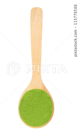 matcha green tea powder in spoon on white background matcha green tea powder in spoon on white background 115778588