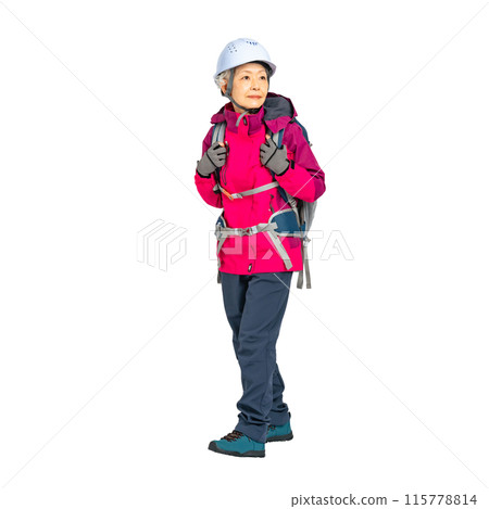 Senior woman walking with a helmet on - Full body photo PNG with transparent background precisely cut by hand 115778814