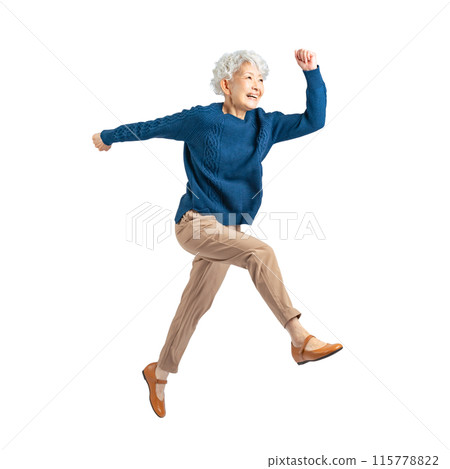 Jumping senior woman - Full body photo PNG with transparent background precisely cut out by hand 115778822