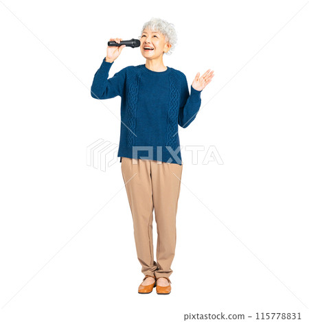 Senior woman singing with a microphone. Full-body photo PNG with transparent background precisely cut by hand Senior woman singing with a microphone. Full-body photo PNG with transparent background precisely cut by hand 115778831