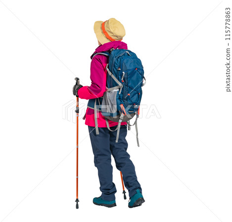 The back view of a senior woman wearing outdoor wear. A transparent full-body photo PNG precisely cut by hand 115778863