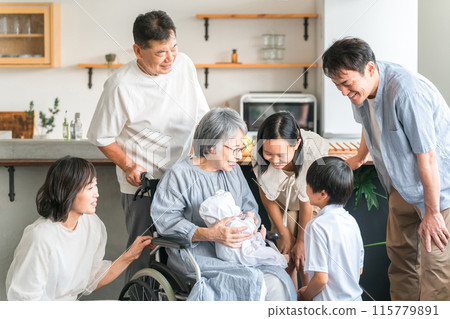Elderly women on wheelchairs facing babies, children and families 115779891