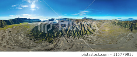 Aerial panorama view at Bromo volcanoes group Aerial panorama view at Bromo volcanoes group 115779933