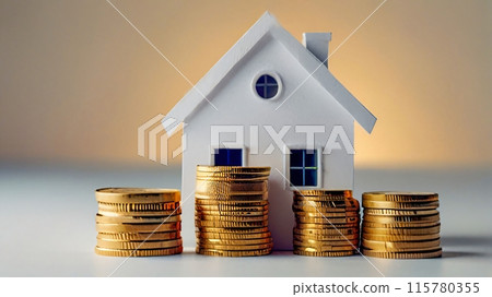 money coins stacks by a model mini house on the table household saving money for buying a house, financial concept ideas for saving money and loan concept, AI Generated money coins stacks by a model mini house on the table household saving money for buying a house, financial concept ideas for saving money and loan concept, AI Generated 115780355
