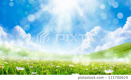 波光粼粼的春天草地和天空背景圖(AI生成材料) 波光粼粼的春天草地和天空背景圖(AI生成材料) 115780629