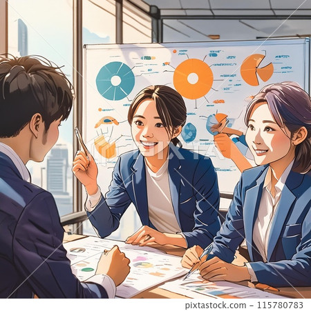 Young office workers having a meeting in front of a whiteboard 2 115780783