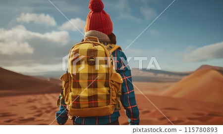 A lonely traveler with a backpack walks through the desert. Back view. A lonely traveler with a backpack walks through the desert. Back view. 115780893