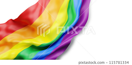 Pride month banner design of rainbow flag on white background with copy space 3D render 115781334