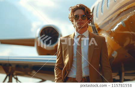 Stylish young businessman exiting a private jet. 115781558