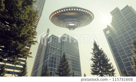 A massive alien vessel hovers menacingly above the city, casting an eerie glow upon the streets. 115781608