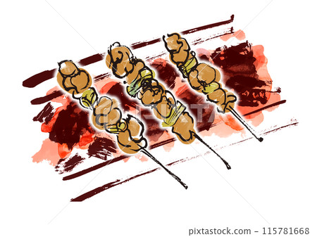 A handwritten Japanese-style brush-written illustration of three skewers of yakitori grilled over charcoal A handwritten Japanese-style brush-written illustration of three skewers of yakitori grilled over charcoal 115781668