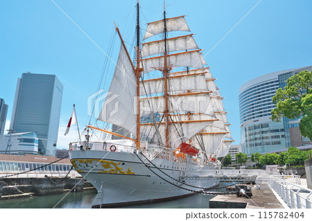 Summer: View of the Nippon Maru with full sails from the rear (Nippon Maru Memorial Park, Yokohama) 115782404
