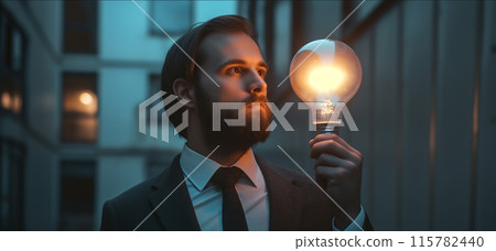 A businessman with glowing light bulbs, symbolizing a bright idea. The concept of innovation and creativity in the business world. Generative AI. 115782440
