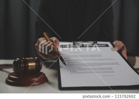 Law theme, gavel or mallet of the judge, lawyer enforcement officers, evidence-based cases taken into account in the court abount business, legislation. 115782682