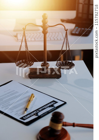 Law theme, gavel or mallet of the judge, lawyer enforcement officers, evidence-based cases taken into account in the court abount business, legislation. 115782718