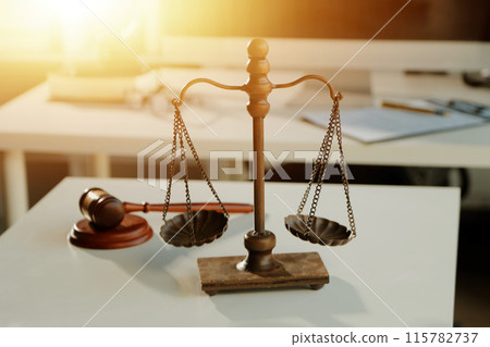 Law theme, gavel or mallet of the judge, lawyer enforcement officers, evidence-based cases taken into account in the court abount business, legislation. 115782737