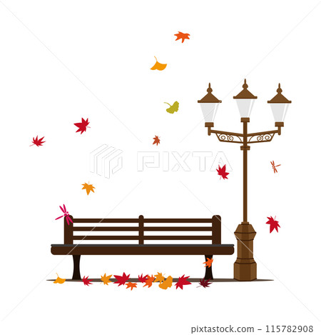 秋葉和蜻蜓景觀中的長凳和室外光的插圖 秋葉和蜻蜓景觀中的長凳和室外光的插圖 115782908