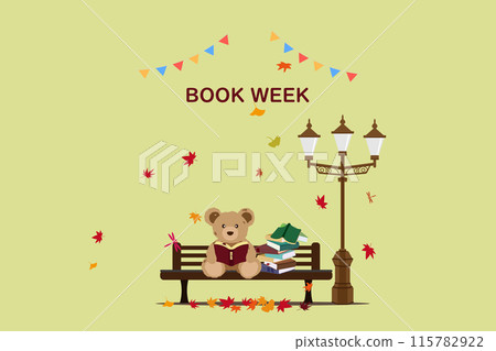 A BOOK WEEK illustration of a teddy bear reading on a bench amid autumn leaves A BOOK WEEK illustration of a teddy bear reading on a bench amid autumn leaves 115782922