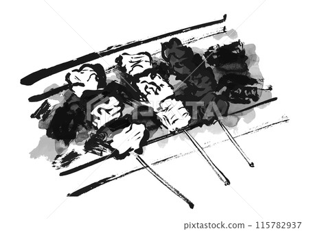 手繪日式畫筆插圖，三隻烤雞肉串在木炭上烤 115782937